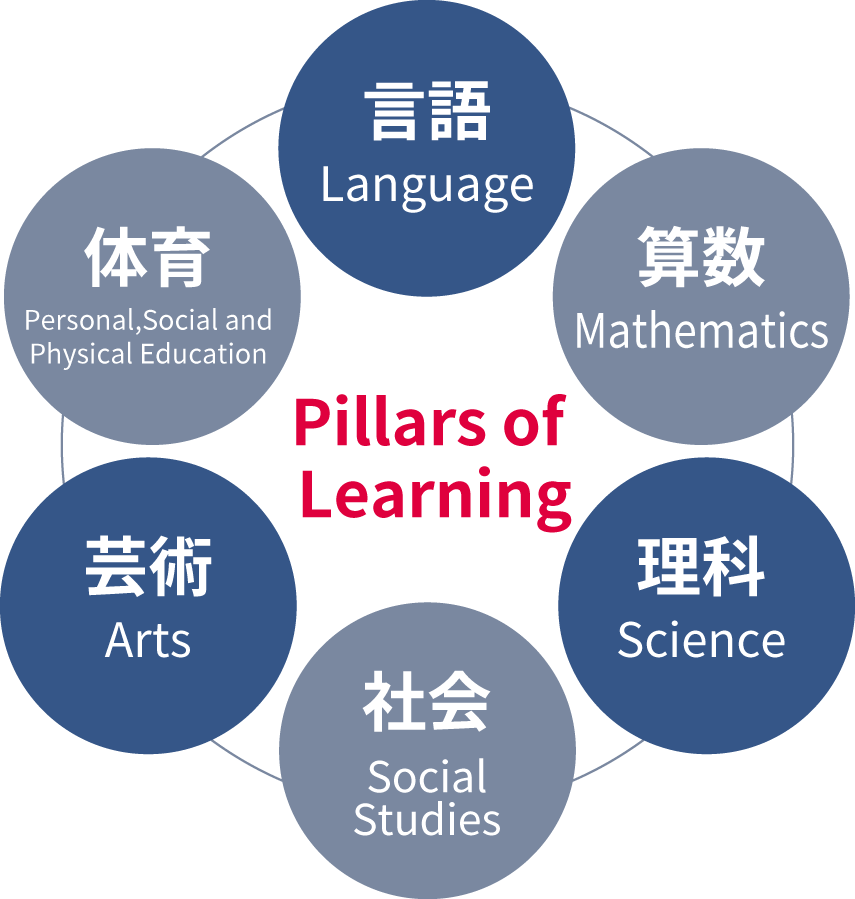Image of six circles representing the pillars of learning: Mathematics, Language, Well-being, Arts, Social Studies, and Science.